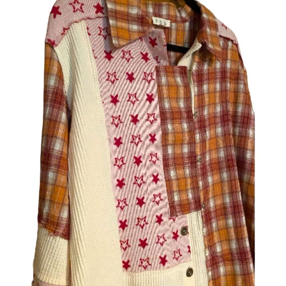 POL Patchwork Shacket Boho Plaid & Star Contrast Long Sleeve Jacket Large NEW - Picture 6 of 10